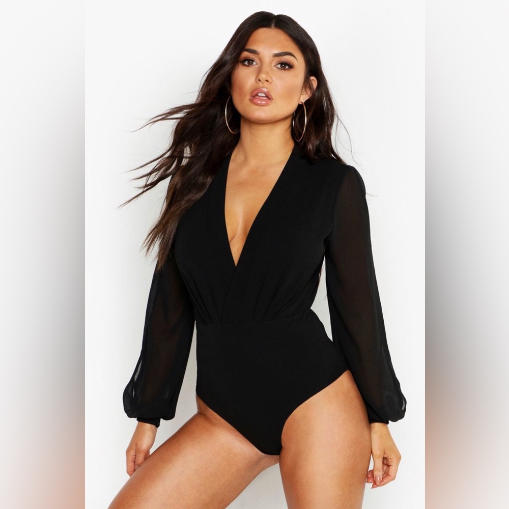 DRAPE CHIFFON LONG SLEEVE WOVEN BODYSUIT - LARGE
